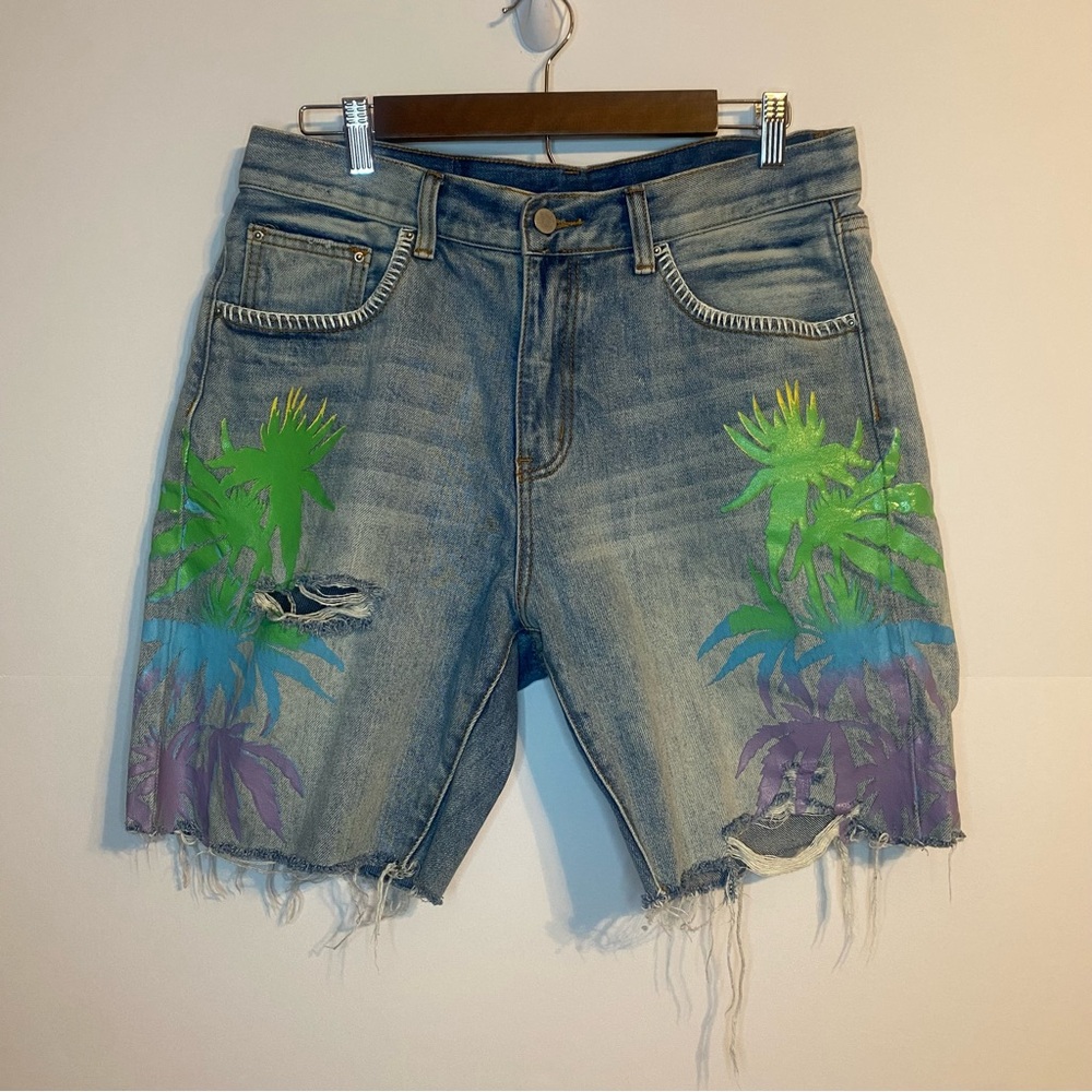 Art to Wear Distressed Denim Shorts with Colorful Leaf Design Granny Square via